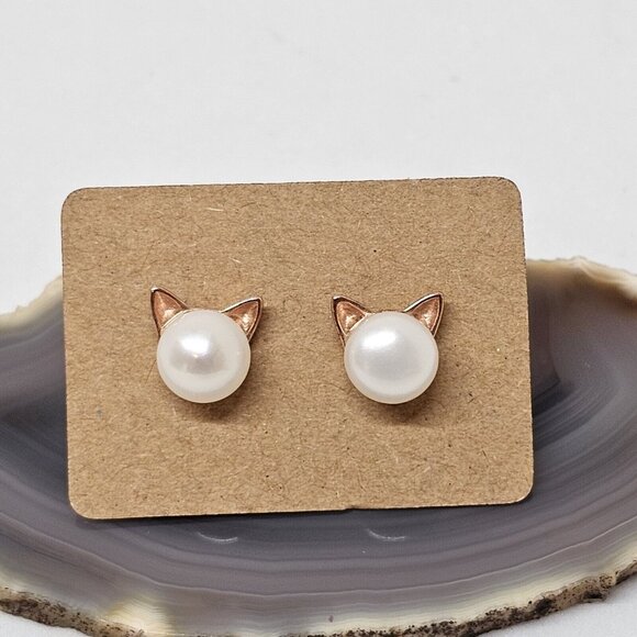 925 Sterling Silver Vermeil Button Pearl Pierced Cat Earrings Studs Rose Gold - Picture 11 of 12
